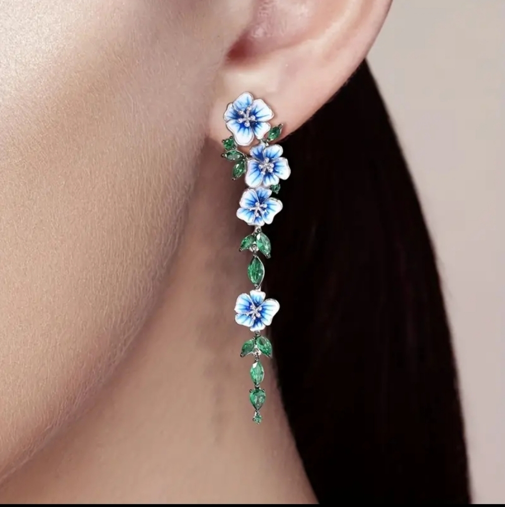 Silver Plated Blue Lily Flower Dangle Drop Earrings. - Picture 5 of 7